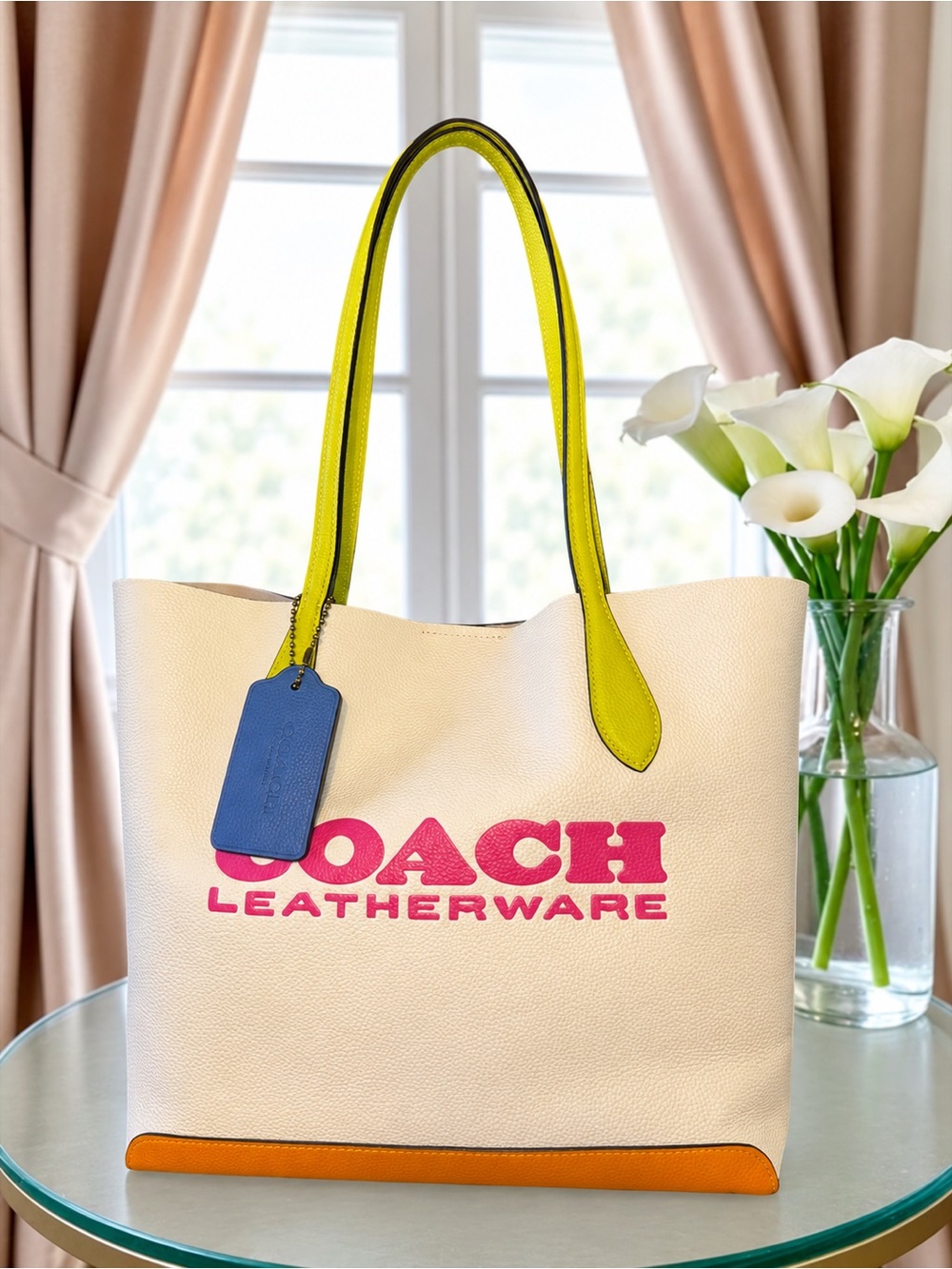 COACH Kia Tote Bag Colorblock Natural Pebble Leather Chalk Multi CA097 Like New